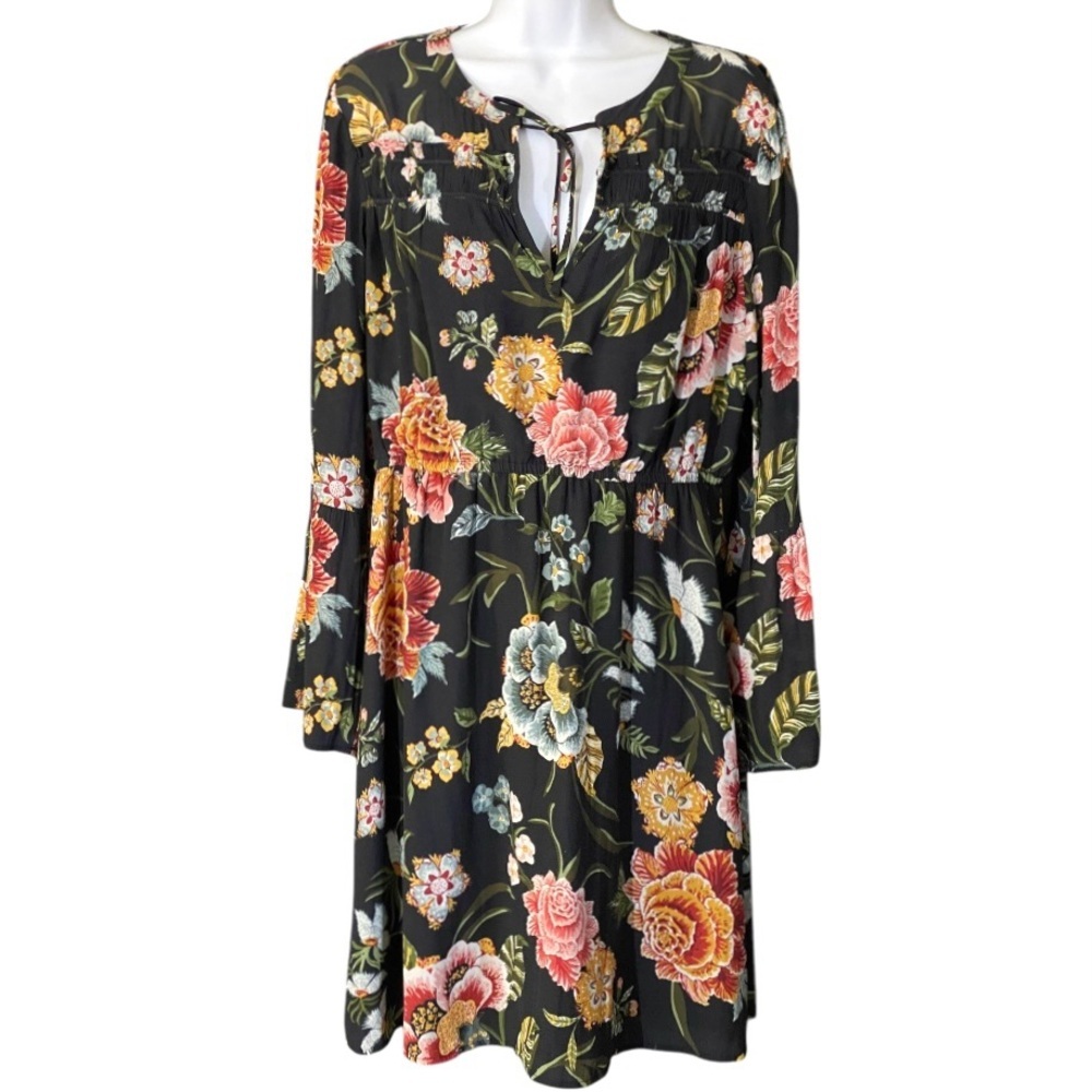 LOFT Dark Floral Bell Sleeve Peasant Dress Women’s M Boho Wedding Romantic Fairy